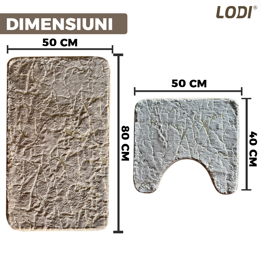Set 2 Covorase de Baie Lodi449, anti-derapante, material moale, design modern, finisaj auriu, Model 19, 80x50 & 50x40cm, maro inchis