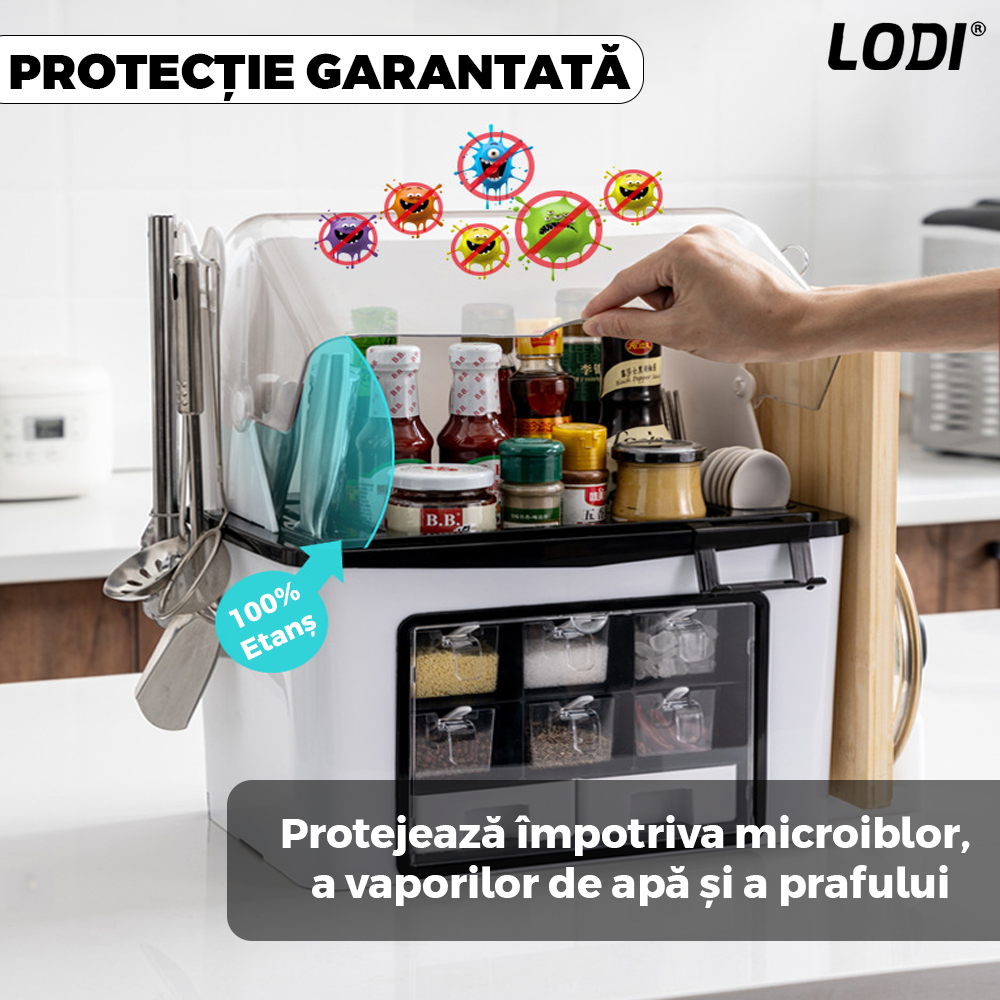 Organizator Multifunctional pentru Bucatarie Lodi483, suport sticle, rafturi pentru condimente, cuier pentru ustensile, suport cutite, 46 x 26 x 43 cm, alb