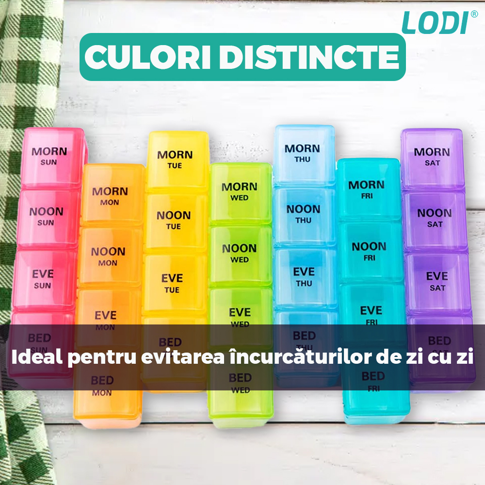 Gentuta Organizatoare de Medicamente Lodi416, pastile si vitamine, 7 zile, recipiente detasabile cu 4 compartimente, compacta, 19.5 x 13.5 x 3.5 cm, multicolor