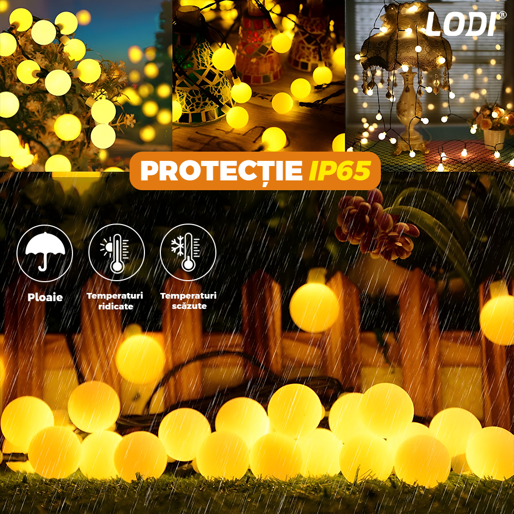 Ghirlanda Solara cu Globuri Lodi1262, 50 de LED-uri, incarcare solara, autonomie ridicata, protectie IP65, 8 moduri de iluminare, 7 metri, alb cald