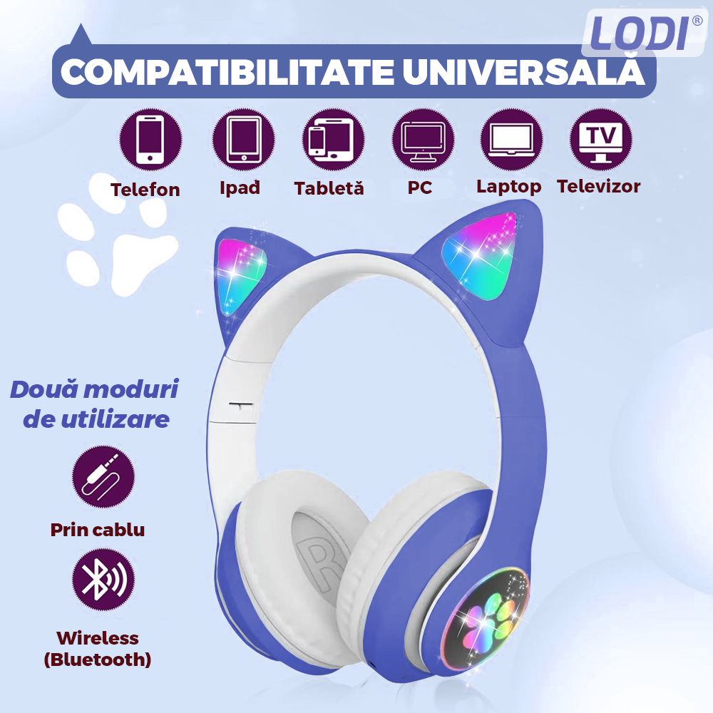 Casti Wireless Model Pisica Lodi946, STN-28, overear, urechi de pisica cu iluminare RGB, bluetooth 5.0, handsfree, HiFi, bass stereo, albastru