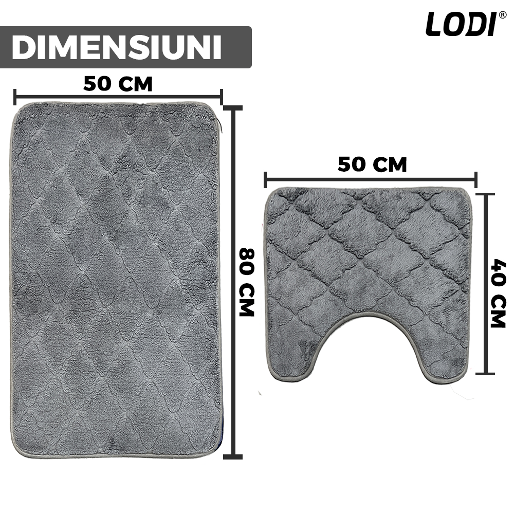 Set 2 Covorase de Baie Lodi1015, anti-derapante, material moale, design modern, model floral, 80x50 & 50x40cm, gri