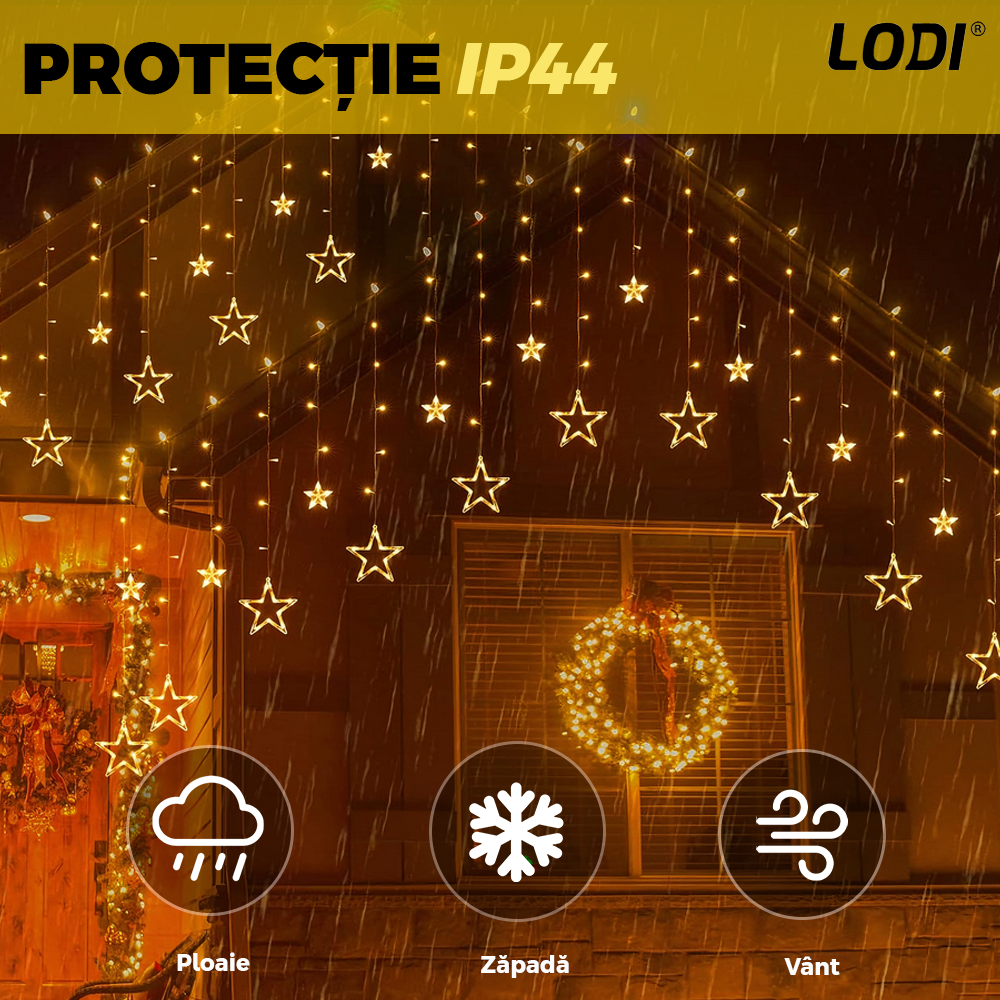 Instalatie de Craciun Tip Perdea Lodi1444, 3x3 m, model stelute, 8 jocuri de lumini, alimentare la priza, fir transparent, interior/exterior, rezistenta la apa, 12 figurine, alb cald