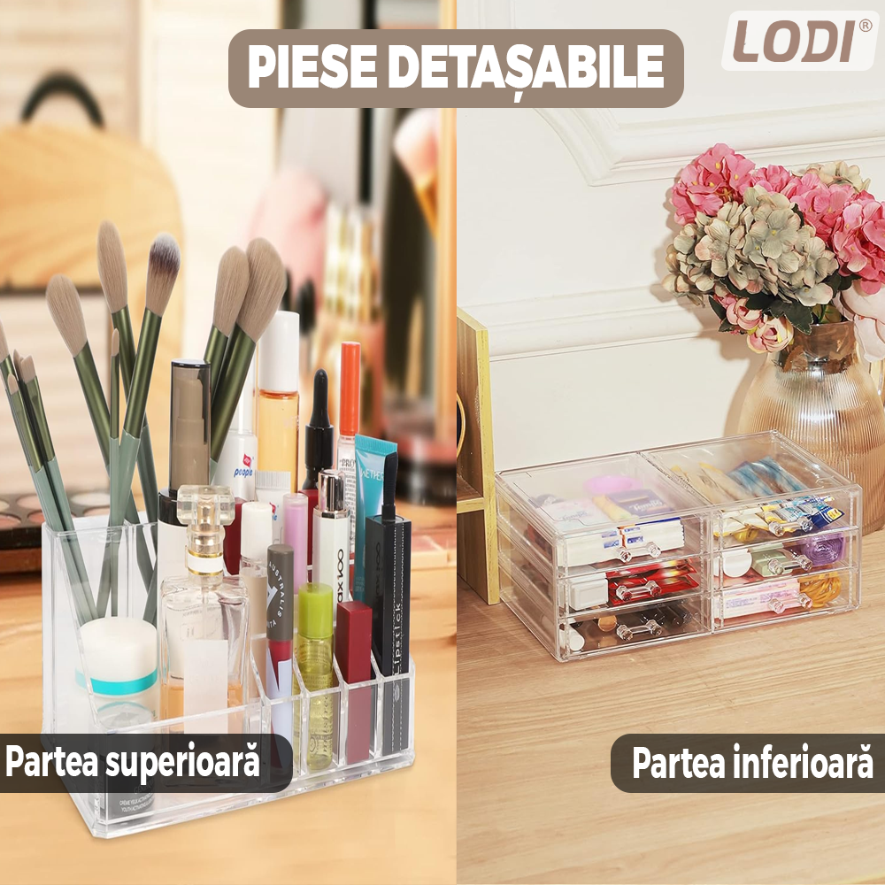 Organizator Cutie Depozitare pentru Produse Cosmetice Lodi473, bijuterii si alte obiecte, 6 sertare, piese detasabile, transparent, 24 x 19 cm