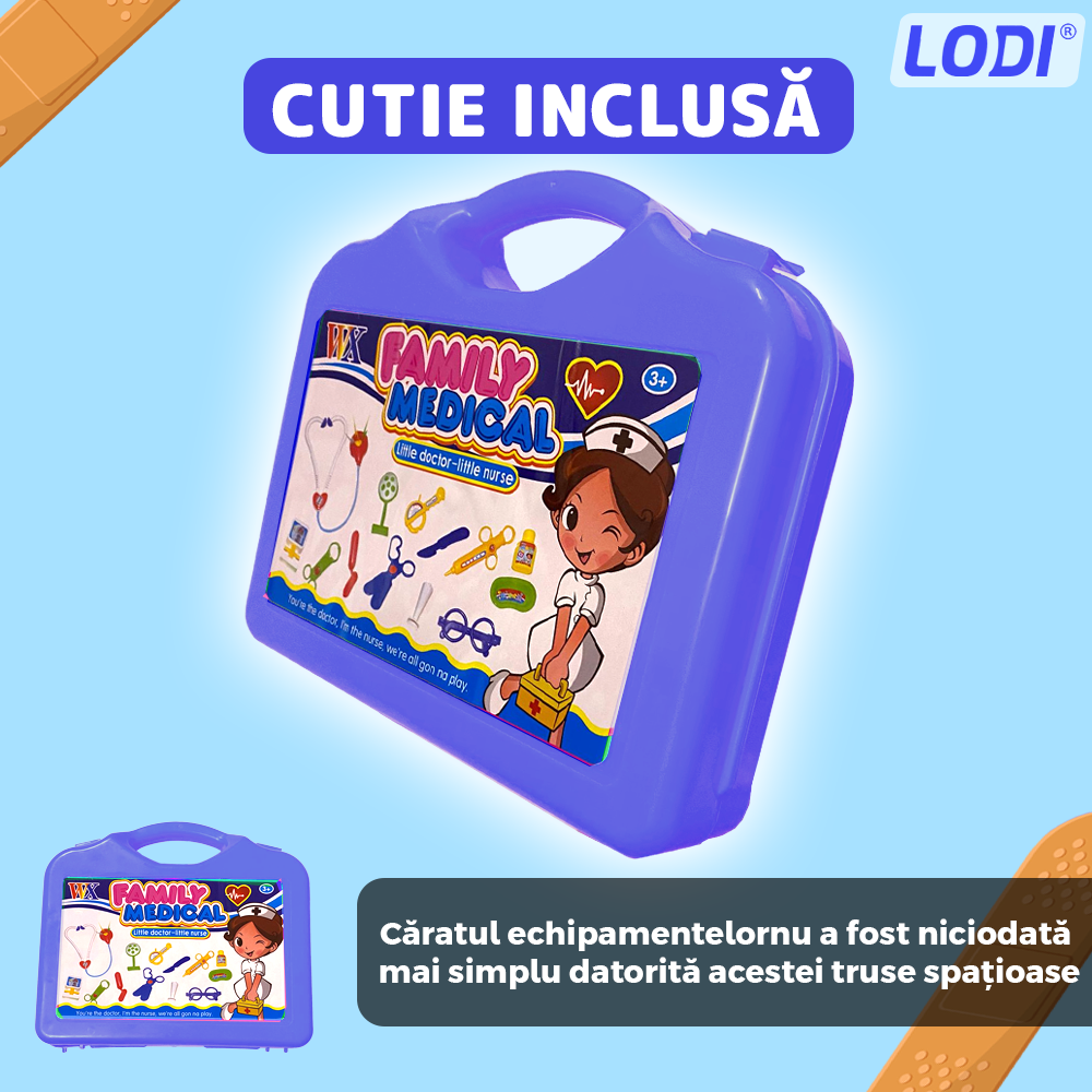 Set Trusa Medicala Asistenta Doctor Lodi479, joc de rol, 11 accesorii si cutie penntru depozitare, 37.5 x 21 cm, albastru