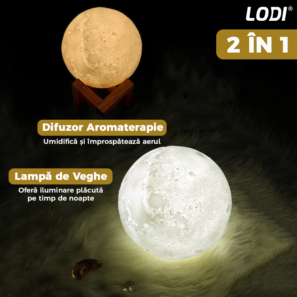 Difuzor Aromaterapie 2in1 Lodi229, 3 moduri de iluminare, capacitate 1500ml, lampa de veghe, silentios, alimentare USB, model luna, umidifica aerul, alb
