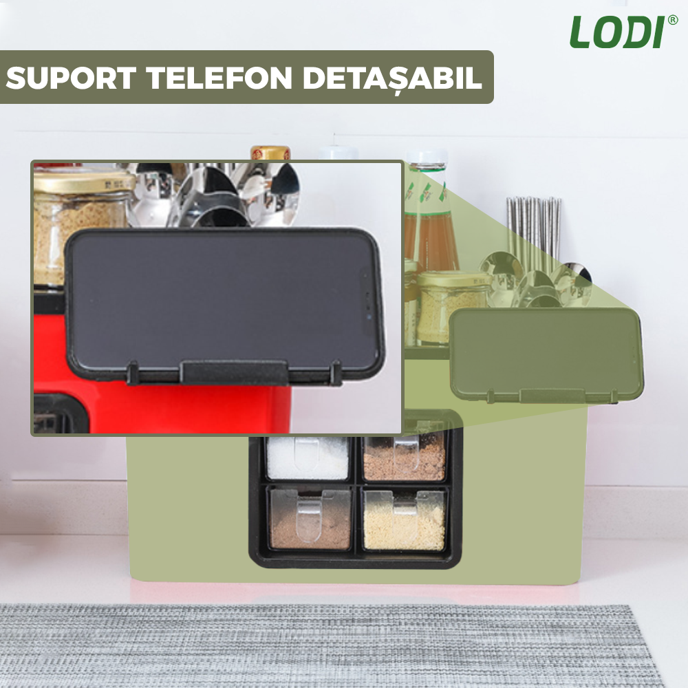Organizator Multifunctional pentru Bucatarie Lodi536, 4 Compartimente, raft condimente, suport detasabil telefon, tavita de scurgere, suport tacamuri/ustensile, verde deschis