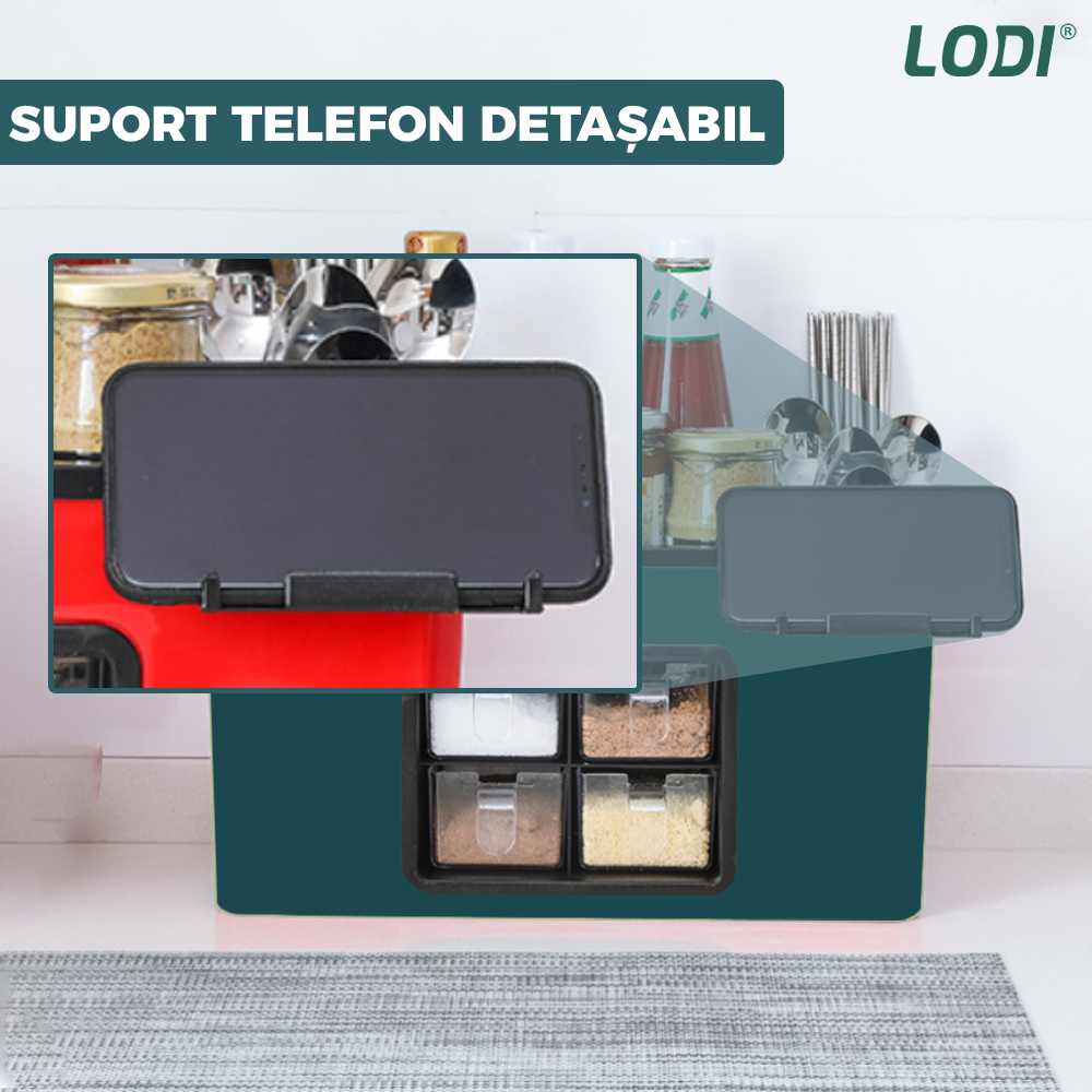 Organizator Multifunctional pentru Bucatarie Lodi537, 4 Compartimente, raft condimente, suport detasabil telefon, tavita de scurgere, suport tacamuri/ustensile, verde inchis