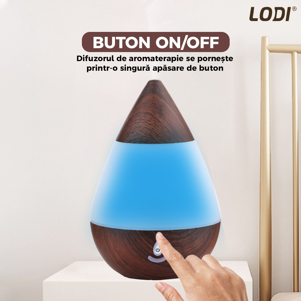 Difuzor Aromaterapie Lodi215, 7 culori LED, lumini dinamice, buton on/off, capacitate 235ml, silentios, umidifica aerul, stejar inchis