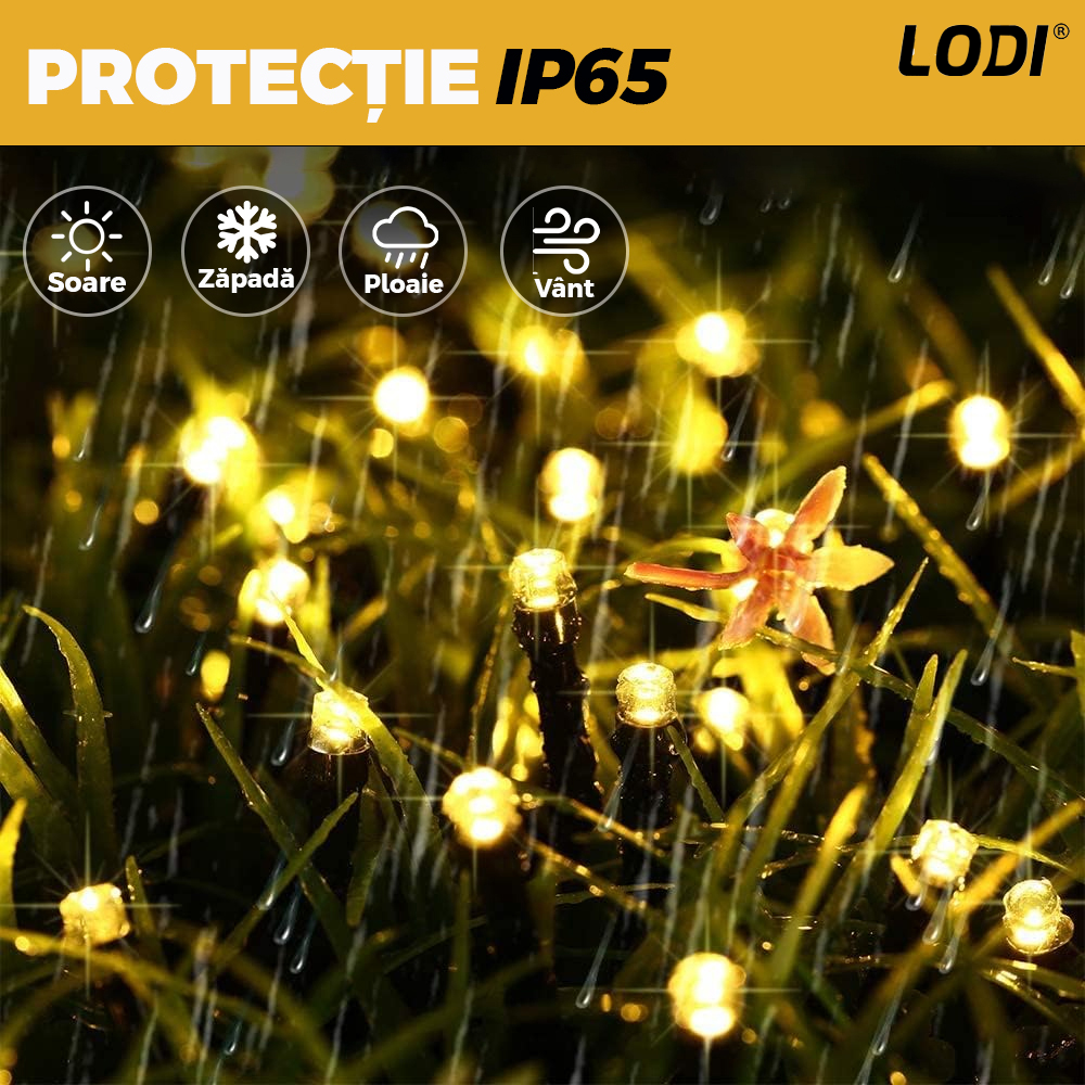 Instalatie de Craciun Liniara cu Panou Solar Lodi1458, 20 m, 8 jocuri de lumini, alimentare la priza, fir verde, interior/exterior, rezistenta la apa, 200 LED-uri, alb cald