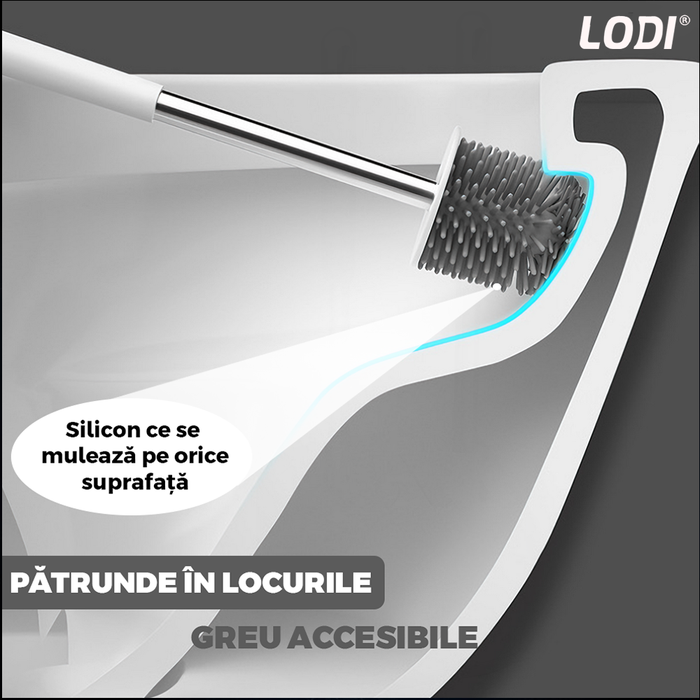 Set 2 Perii pentru Toaleta Lodi1107, perie de silicon, perie zimtata, cap flexibil, suport adeziv pentru montarea pe perete, curata orice tip de suprafata, alb/gri