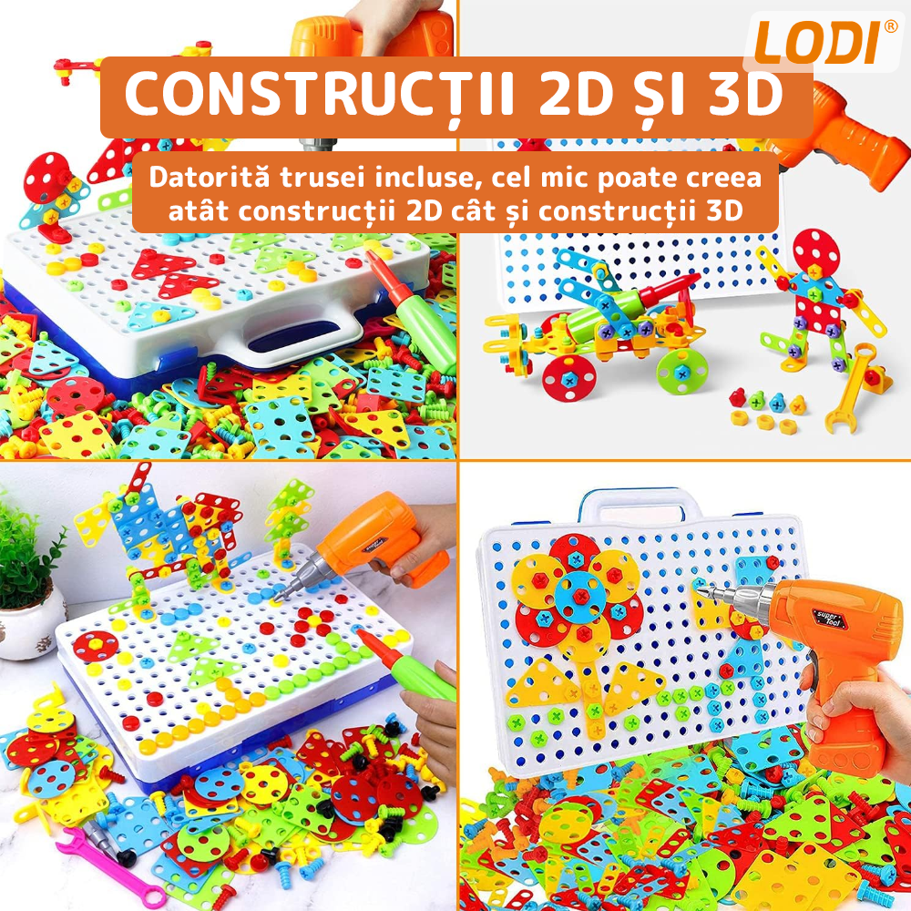 Jucarie Educativa si Interactiva 4in1 Lodi515, 237 piese, bormasina pentru inginerie, pentru fete si baieti, manual inclus, puzzle 3D/2D, montessori, dezvoltare STEM, multicolor