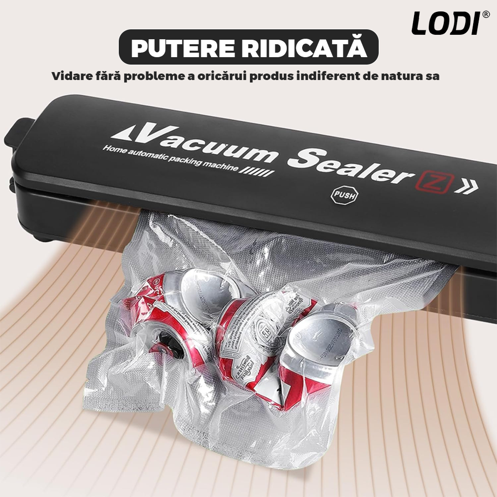 Aparat de Sigilat si Vidat Lodi1203, set 10 role de vidat gofrate 17 cm x 5 m incluse, alimente si obiecte, vidare umeda/uscata/soft, 90W, 220V, portabil, negru