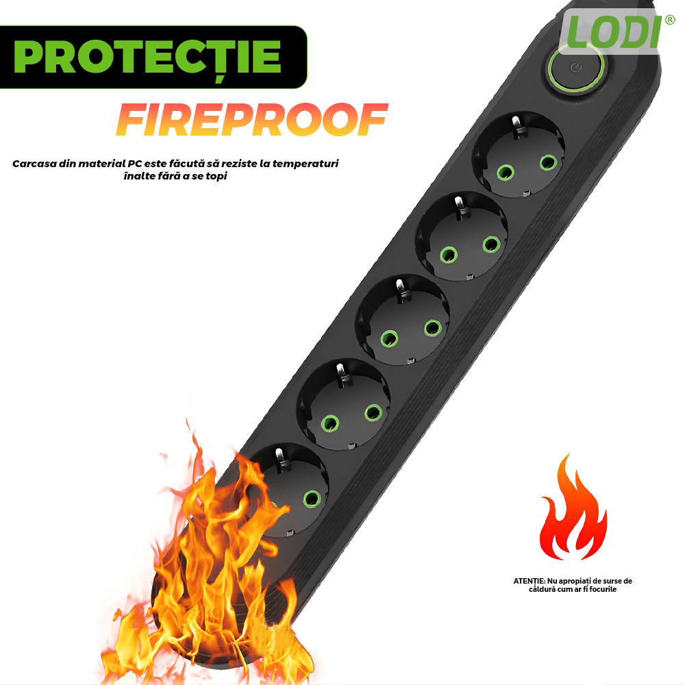Prelungitor Lodi1279, 5 prize, 3 porturi USB, intrerupator, suport de agatare incorporat, rezistent la temperaturi inalte, universal, lungime 3 metri, negru