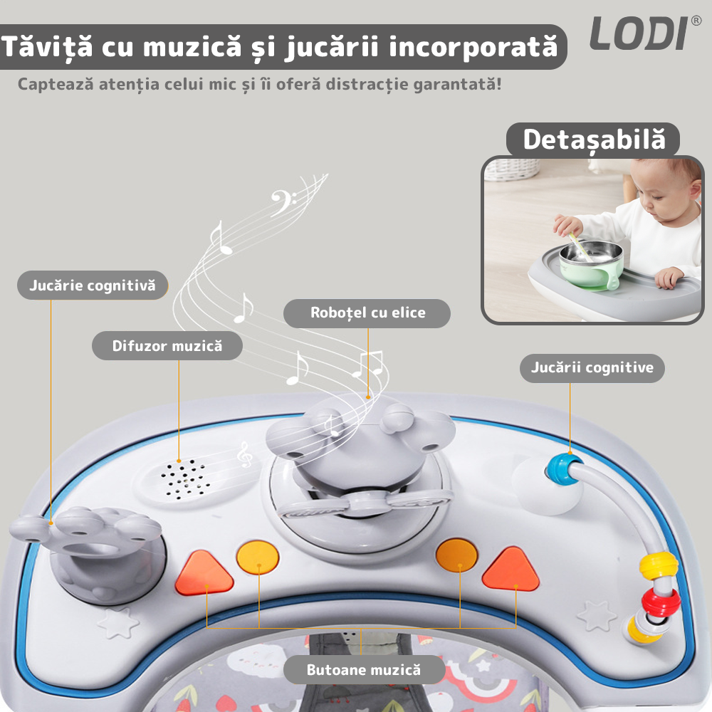 Premergator Multifunctional pentru Bebelusi Lodi637, tava cu 3 jucarii, muzica, reglabil, pliabil, greutate max 20kg, 6-36 luni, gri deschis