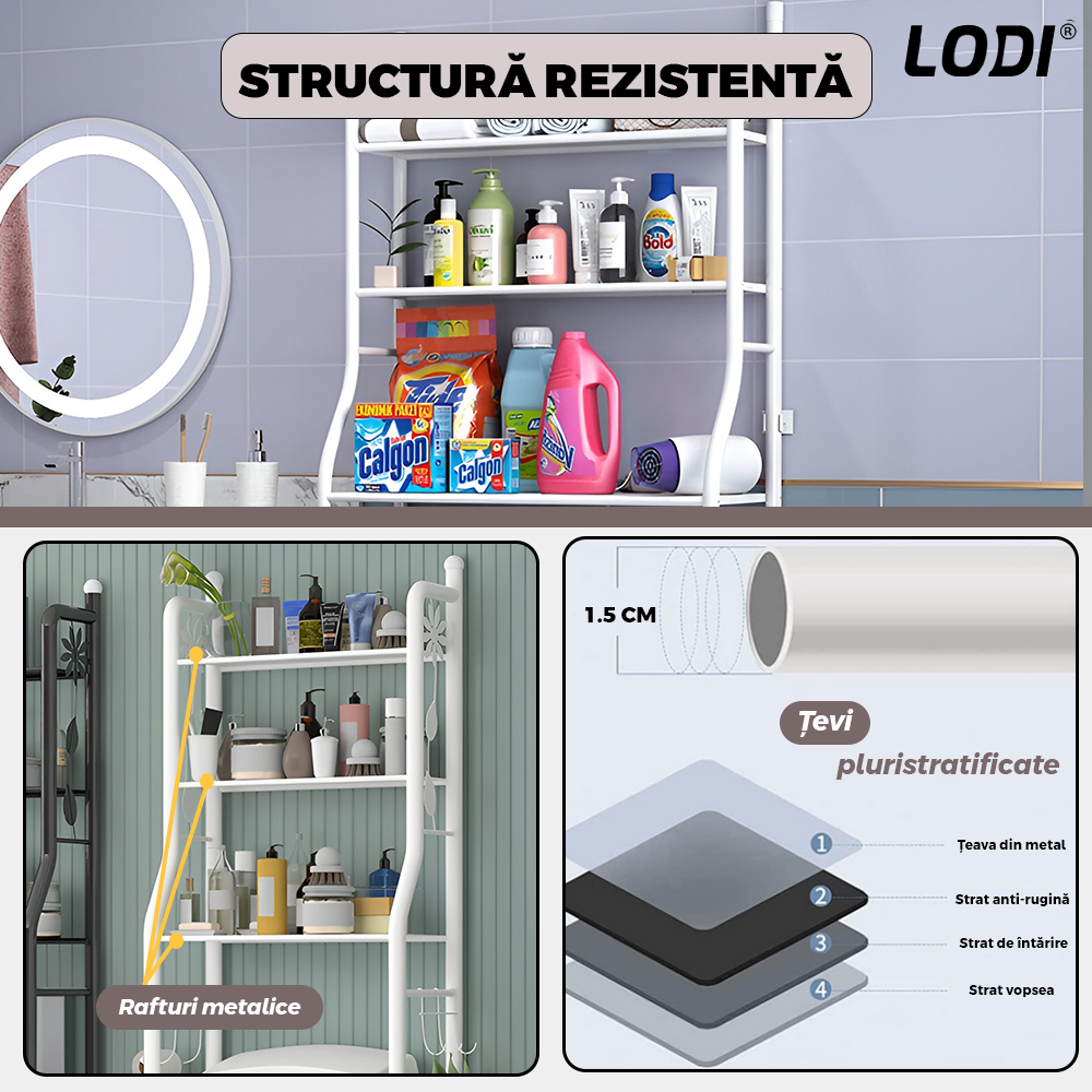 Raft de Depozitare pentru Baie Lodi1242, peste toaleta/ masina de spalat rufe, 3 rafturi, picioruse ajustabile, rezistent si stabil, ideal pentru prosoape sau produse de igiena, metal, 160 x 25 x 65 cm, albetalic, 10
