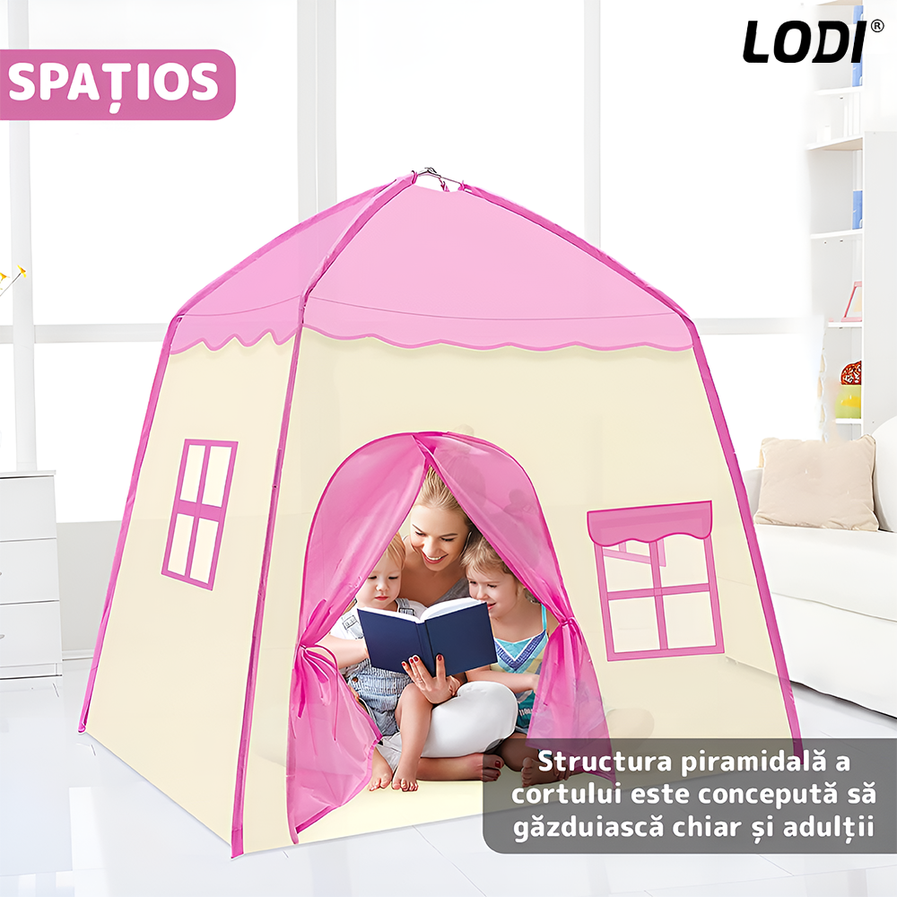 Cort de Joaca pentru Copii tip Casuta Lodi651, covoras inclus cu 2 fete, usa tip perdea, geamuri cu plasa, usor de montat, interior/exterior, roz