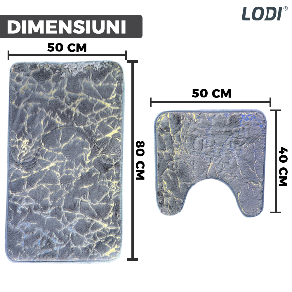 Set 2 Covorase de Baie Lodi446, anti-derapante, material moale, design modern, finisaj auriu, Model 16, 80x50 & 50x40cm, gri