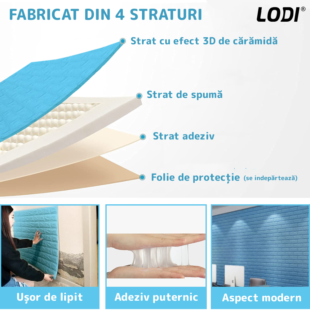 Set Tapet Caramida 3D Lodi52, suprafata acoperire 5.3 mp, autoadeziv, waterproof, usor de montat, design modern, 70x77 cm, albastru