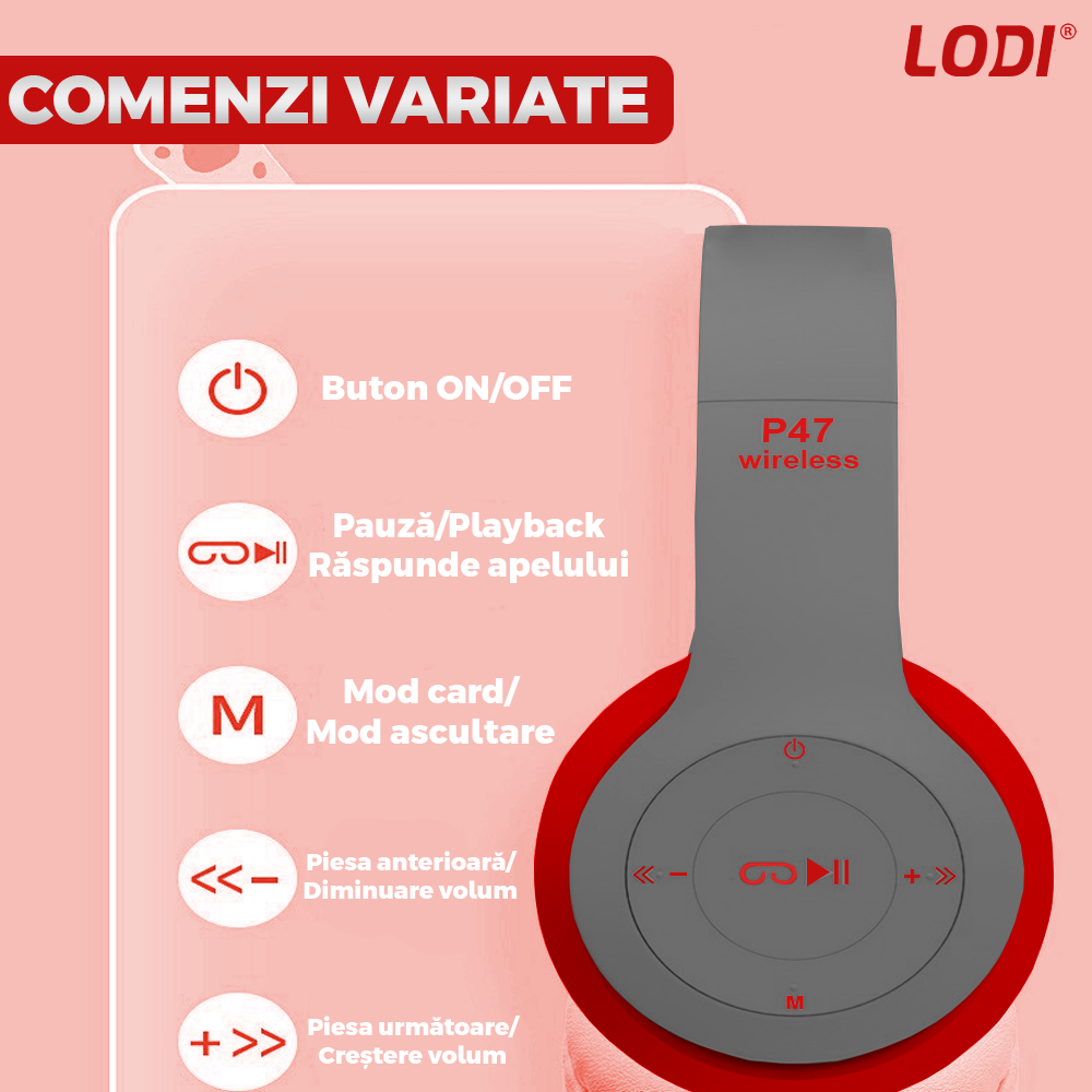 Casti Wireless Lodi956, P47, overear, bluetooth 5.0, 3 porturi integrate, handsfree, HiFi, bass stereo, gri/rosu