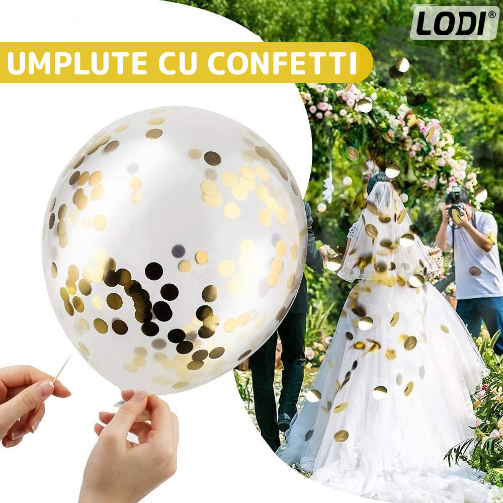 Set 105 Baloane Lodi1489, Tip Arcada, pentru Petreceri/Aniversari/Evenimente, diverse modele, umplute cu confetti, latex, alb/auriu