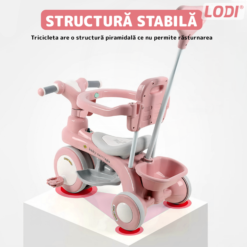 Tricicleta Multifunctionala Lodi1105, structura stabila, pedale anti-derapante, suport picioare, cosulet pe spate, spatar detasabil, parasolar, muzica incorporata, roz
