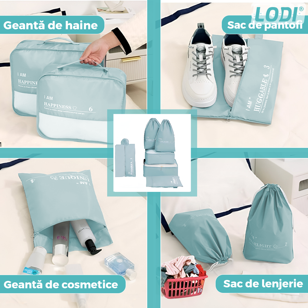 Set 6 Organizatoare Lodi1239, pentru calatorie, diferite marimi, bagaj de voiaj, valiza, troler, genti, haine, accesorii, inchidere cu fermoar dublu, plasa, turcoaz