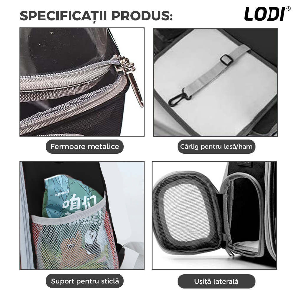 Rucsac Transport Animale Lodi372, greutate Max 7kg, hublou panoramic transparent, buzunar lateral, 2 iesiri, pentru talie mica, negru