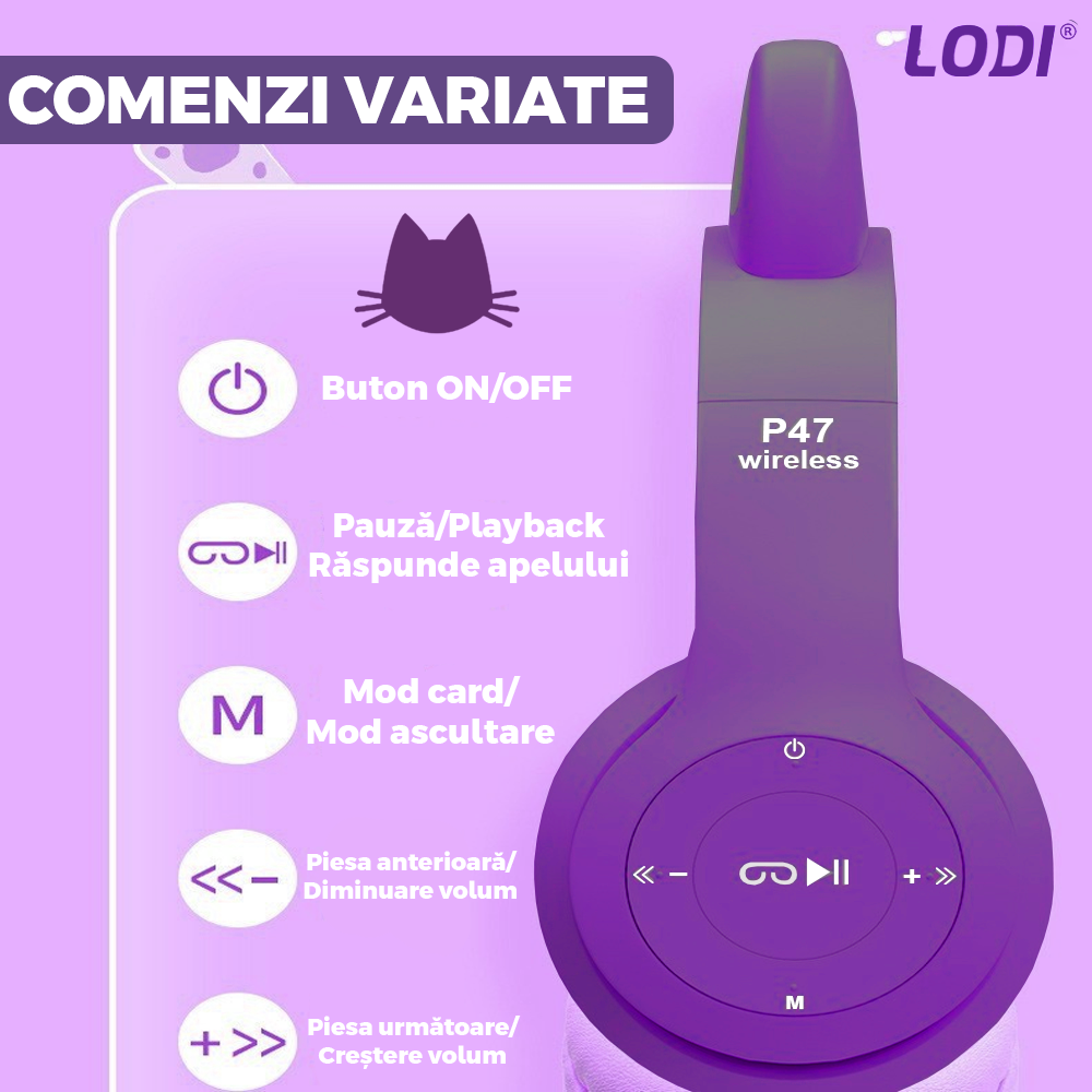 Casti Wireless Model Pisica Lodi952, P47M, overear, urechi de pisica cu iluminare RGB, bluetooth 5.0, handsfree, HiFi, bass stereo, mov
