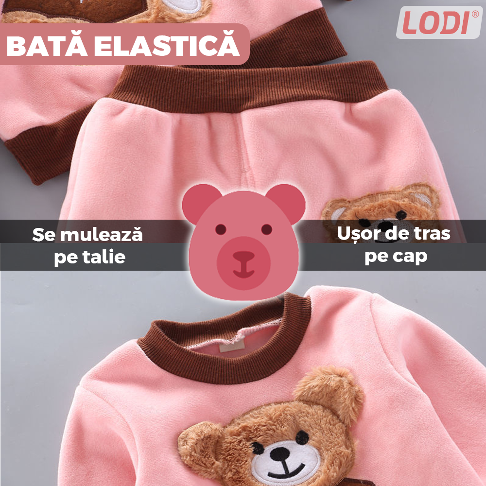 Compleu Copii din 3 Piese Lodi507, unisex, toamna-iarna, plus moale cu ursulet, bluza, pantaloni si vesta cu gluga pufoasa, 100 cm, roz