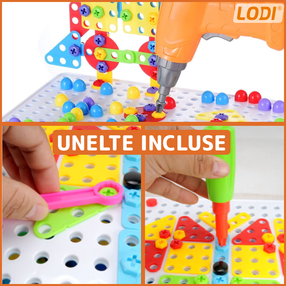 Jucarie Educativa si Interactiva 4in1 Lodi514, 237 piese, bormasina pentru inginerie, pentru fete si baieti, manual inclus, puzzle 3D/2D, dezvoltare STEM, montessori, multicolor