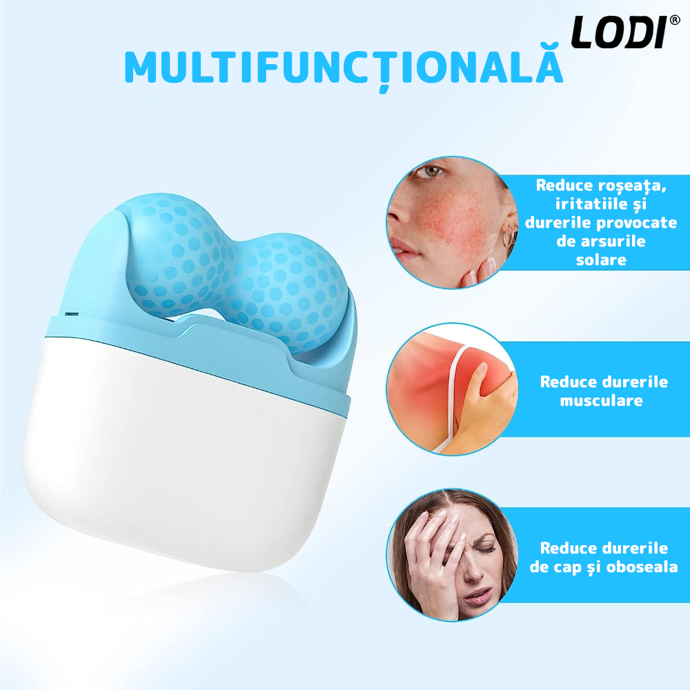Rola de Masaj cu Gheata Lodi50, Ice Roller, 2 capete W si V, anti-aging, ingrijirea tenului, tonifiere, albastru/alb