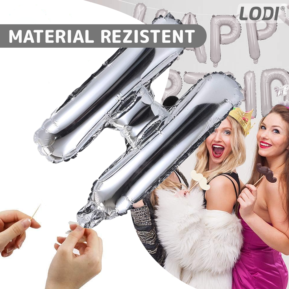 Set 25 Baloane Lodi718, Litere, pentru Petreceri/Aniversari/Evenimente, confetti, stelute, model HAPPY BIRTHDAY, argintiu