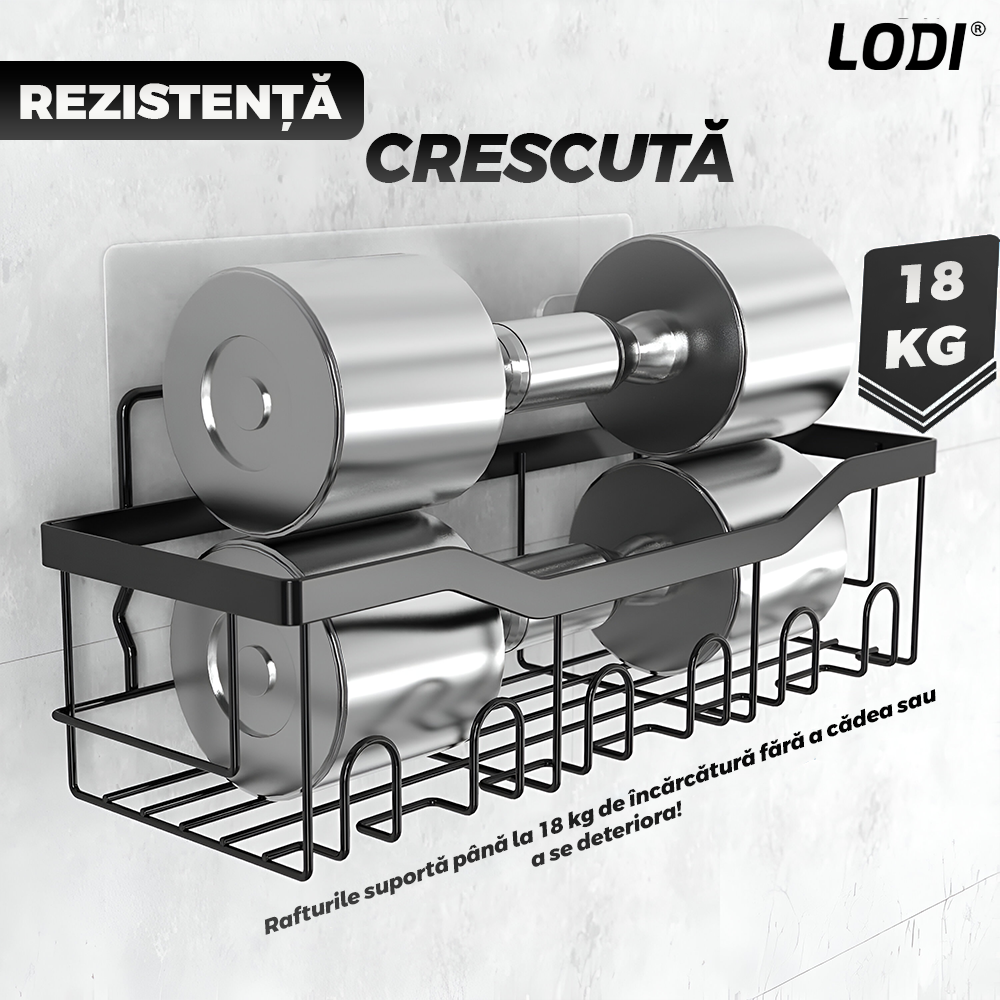 Set 5 Rafturi pentru Dus Lodi1264, depozitare si organizare, baie/bucatarie, otel inoxidabil, montare adeziva, rezistenta ridicata, cuiere incorporate, suporturi inalte, negru