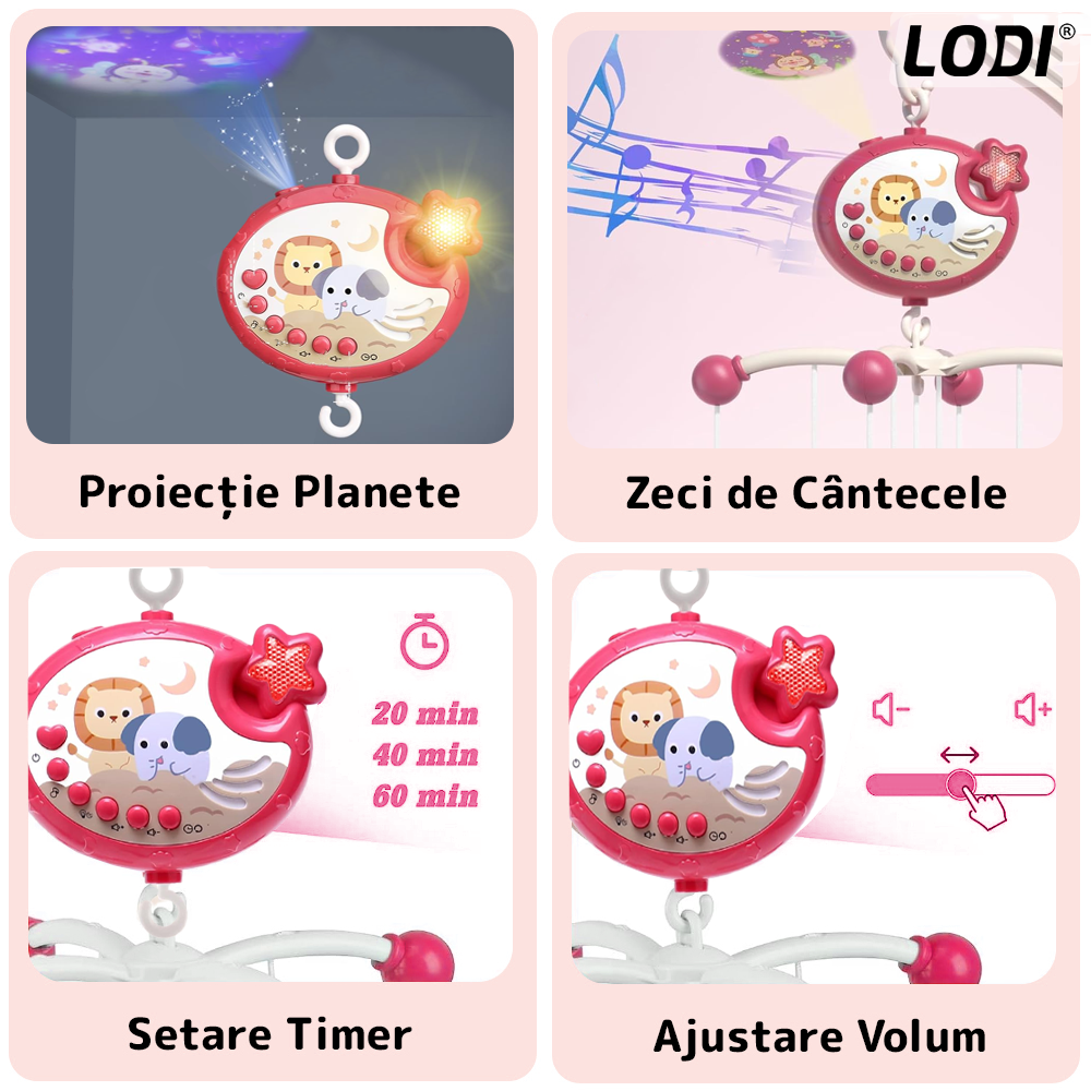 Carusel Muzical pentru Patut Lodi642, Bebe, control prin telecomanda, proiector, muzica si lumini, jucarii detasabile, rosu