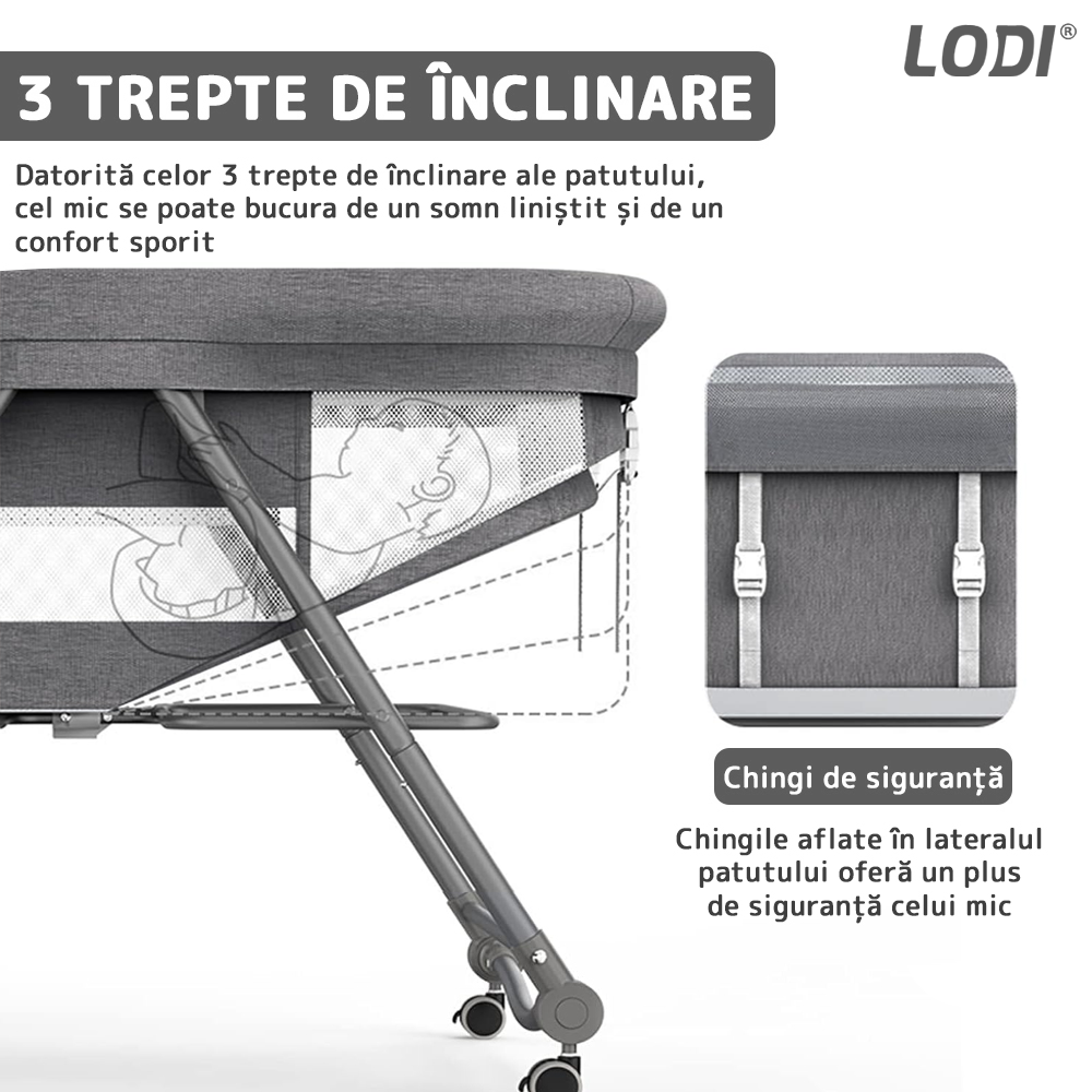 Patut Pliabil pentru Bebelusi Lodi1069, 3 trepte de inclinare, sistem de blocare, plasa anti-insecte, cos depozitare, gri