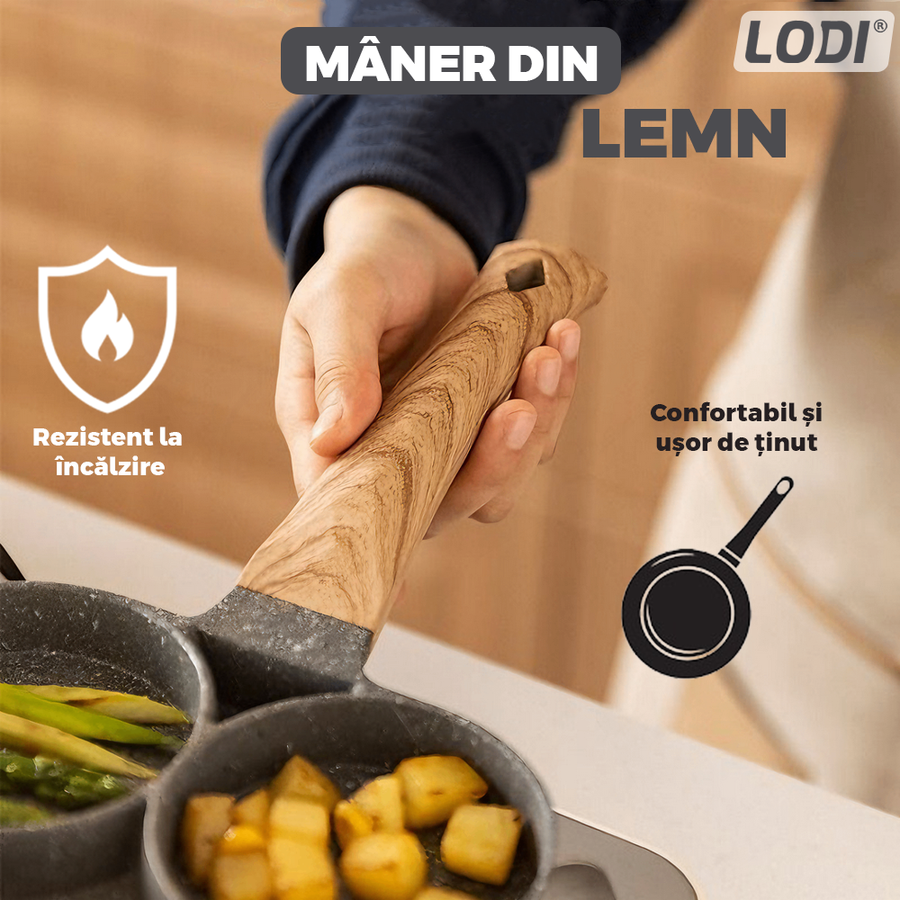 Tigaie Antiaderenta cu 4 Compartimente Lodi1072, aliaj din aluminiu, pluristratificta, maner din lemn, non-stick, usor de curatat, 32 cm, gri