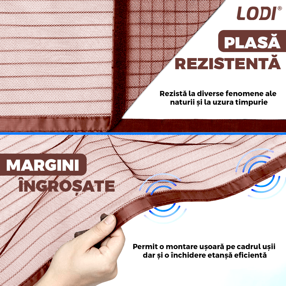 Plasa pentru Usa cu Inchidere Magnetica Lodi1200, anti-insecte, tanrari, muste, paianjeni, montare velcro, materiale calitative, rezistenta, 185x104 cm, maro