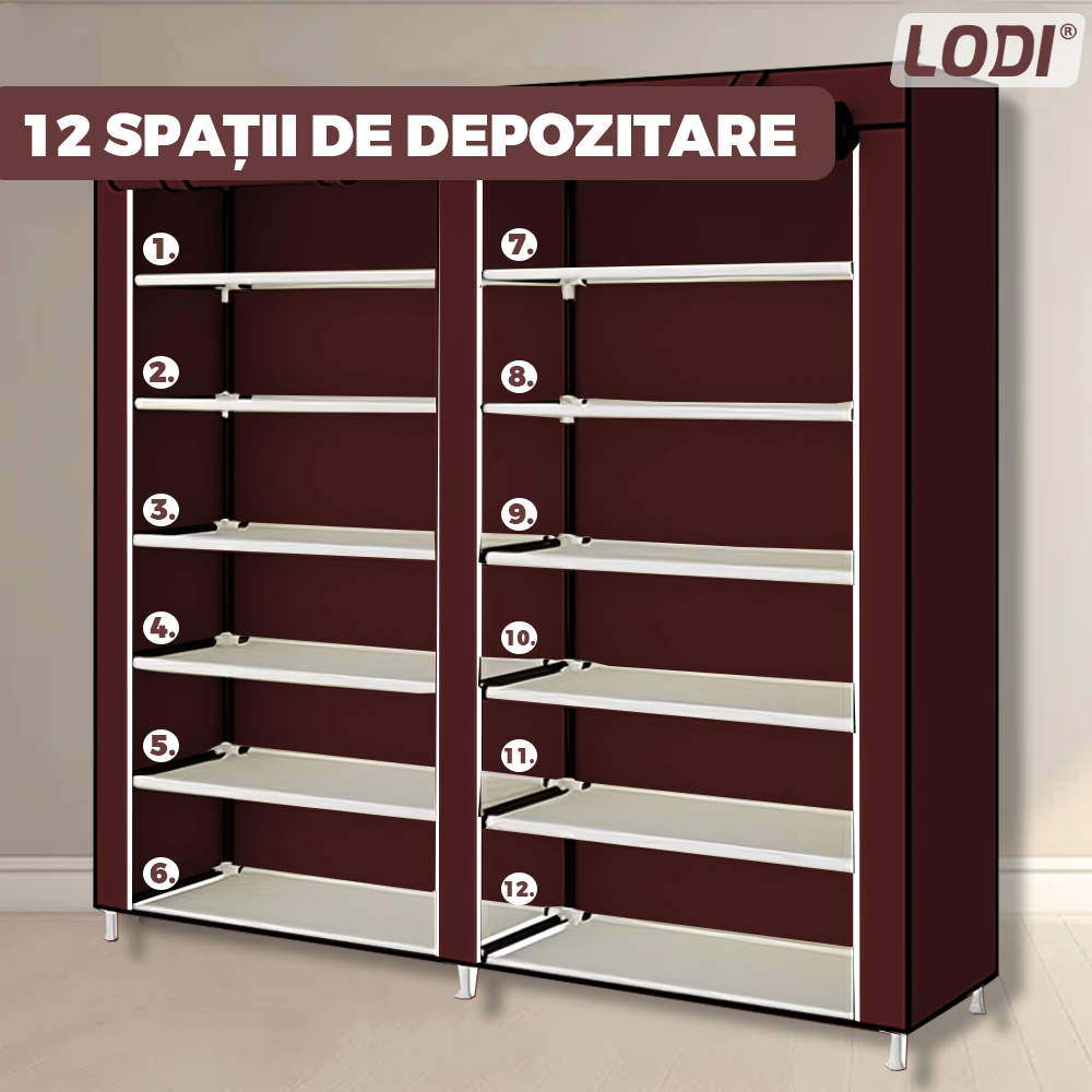 Pantofar din Material Textil pentru Incaltaminte Lodi1115, impermeabil, 12 rafturi, inchidere fermoar, cadru otel, 108 cm, maro