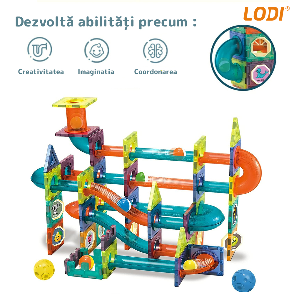 Set Inteligent si Creativ Magnetic 3D Lodi113, 96 Piese, traseu cu bile, creativ, numeroase posibilitati de construit, dezvoltarea abilitatilor motrice si a imaginatiei, multicolor