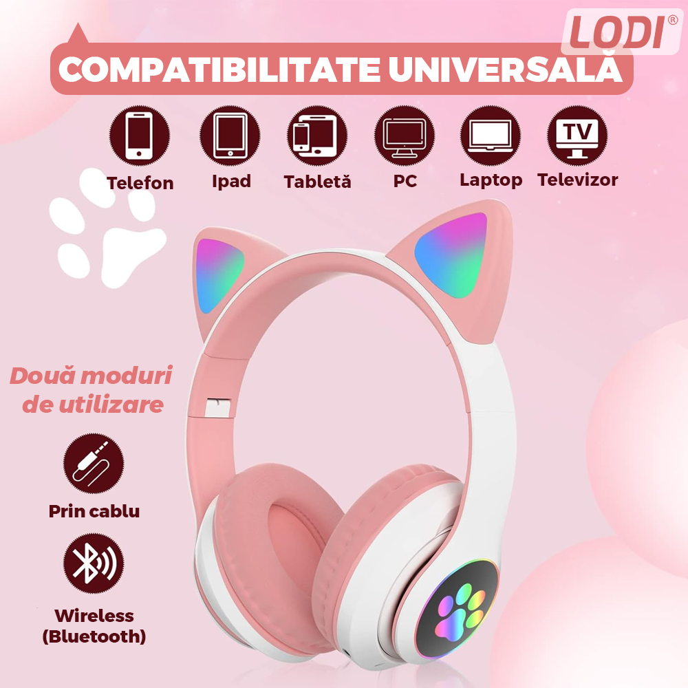 Casti Wireless Model Pisica Lodi945, STN-28, overear, urechi de pisica cu iluminare RGB, bluetooth 5.0, handsfree, HiFi, bass stereo, roz
