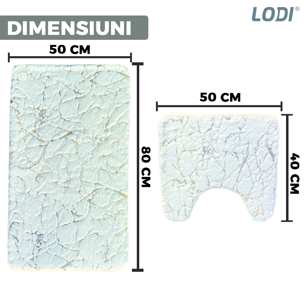 Set 2 Covorase de Baie Lodi445, anti-derapante, material moale, design modern, finisaj auriu, Model 15, 80x50 & 50x40cm, alb albastrui