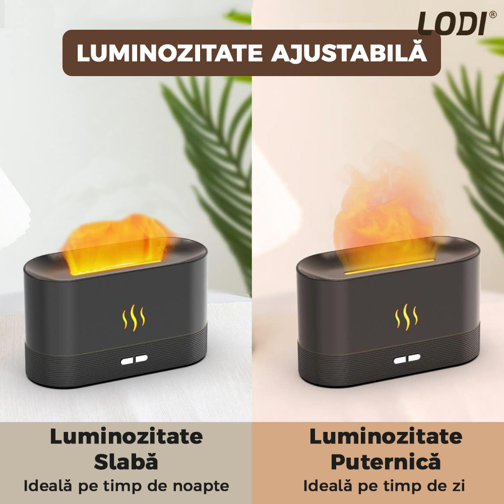 Difuzor Aromaterapie Lodi218, Efect Flacara, 2 trepte de luminozitate, oprire automata, capacitate 180ml, silentios, umidifica aerul, negru