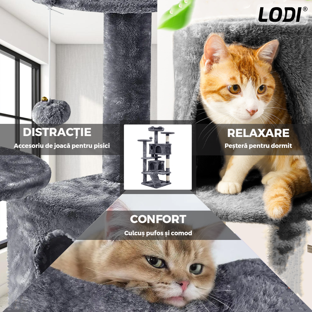 Ansamblu de Joaca pentru Pisici Lodi629, tip turn, 3 platforme de observatie, 6 niveluri, 2 casute, scara, franghie si mingiuta de joaca, stalpi pentru zgariat, captuseala extra moale, structura stabila, 138.5 cm, gri inchis