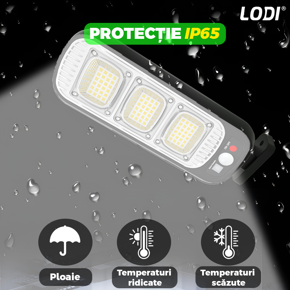 Lampa Solara Stradala 72 LED-uri Lodi883, control prin telecomanda, senzor de miscare, 3 moduri de iluminare, protectie IP65, Waterproof, exterior, negru