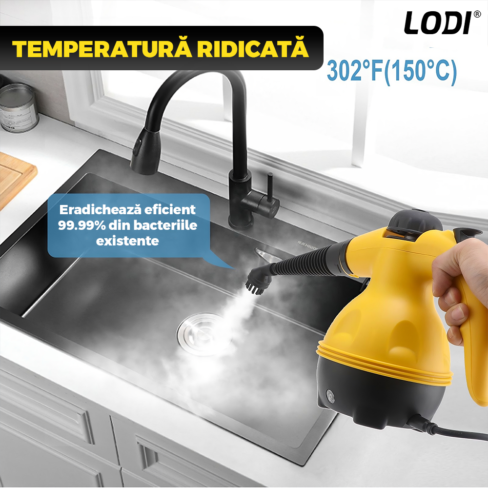 Aparat de Curat cu Abur Lodi1515, 3 Bar, incalzire imediata, capacitate mare, rezervor de 350 ml, presiune ridicata, temperatura 100-150°, accesorii incluse, putere 1200 W, galben/negru
