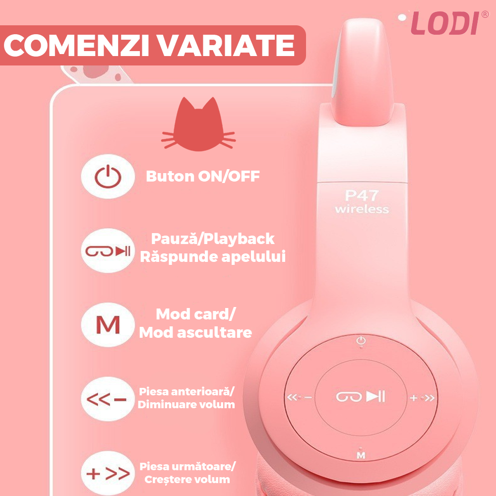 Casti Wireless Model Pisica Lodi951, P47M, overear, urechi de pisica cu iluminare RGB, bluetooth 5.0, handsfree, HiFi, bass stereo, roz