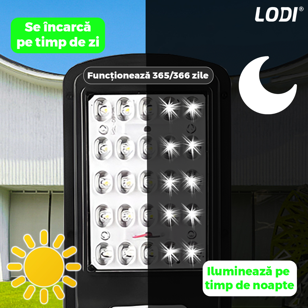 Lampa Solara Stradala 25 LED-uri Lodi879, control prin telecomanda, senzor de miscare, 3 moduri de iluminare, protectie IP65, Waterproof, exterior, negru