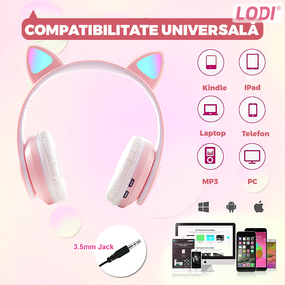 Casti Wireless Model Pisica Lodi949, B39, overear, urechi de pisica cu iluminare RGB, bluetooth 5.0, handsfree, HiFi, bass stereo, roz