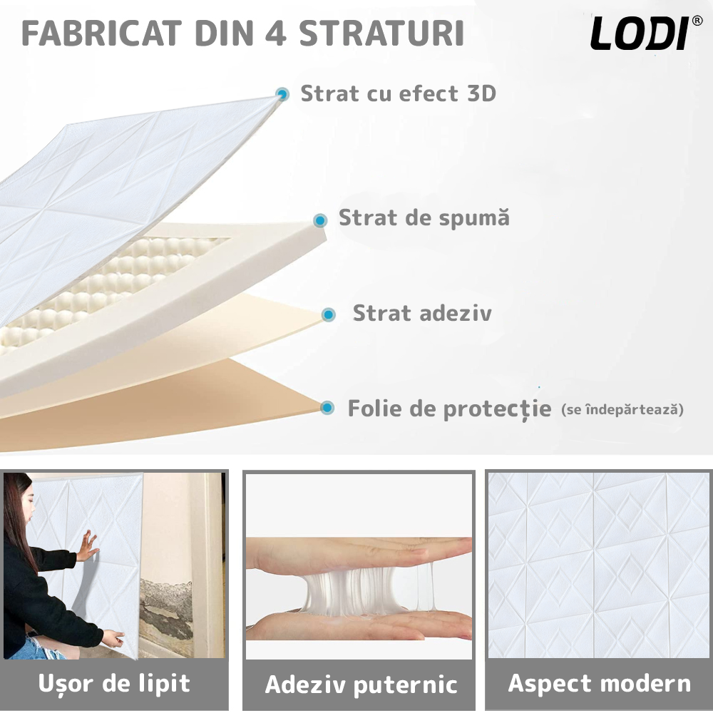 Set 10x Tapet 3D Lodi842, suprafata acoperire 4.9 mp, autoadeziv, Model Romburi, perete/tavan, waterproof, usor de montat, design modern, 70x77 cm, alb